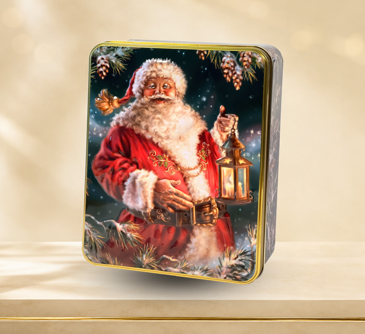 Geprägte Geschenkdose mit Weihnachtsmann und leckerem Gebäck